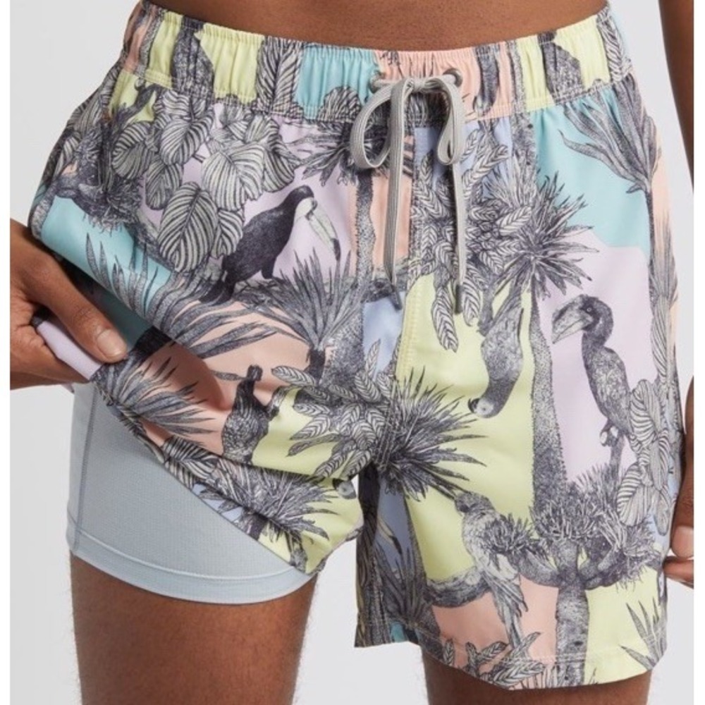 New SAXX Oh Buoy 2N1‎ Volley 5" Shorts Mens Swim Drop Temp Liner Tropical Birds
